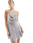 ASOS DESIGN satin bandeau asymetric hem mini dress with ruched bodice detail in grey