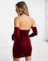 Rare London bandeau velvet mini dress with gloves in red