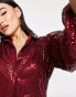 NaaNaa sequin mini shirt dress with long sleeves in burgundy