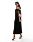 ASOS DESIGN velvet bardot midi dress with drape bodice and fringe trim in black