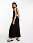 ASOS DESIGN scoop drape midi with ruched seam and poppers in black