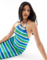 The Frolic ophina halter neck tie detail tonal metallic stripe maxi beach dress in blue and green