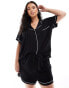 Фото #1 товара ASOS DESIGN Curve super soft short sleeve shirt & shorts pyjama set with contrast piping in black