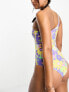 Noisy May one shoulder swimsuit in purple 70s floral