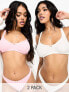 ASOS DESIGN Ashley 2 pack rib crop bra with rose trim in pink & white