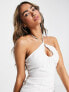 ASOS DESIGN soft denim keyhole halter fitted mini dress in white