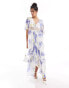 ASOS DESIGN lace cut out dress button through ruffle hem midi dress in blue and white floral Синий, 38 - фото #1