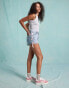 Miss Selfridge satin contrast lace up bow detail denim short in mid blue wash