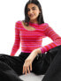 Фото #1 товара ONLY long sleeve knitted top with splice detail in pink and red stripe