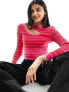 ONLY long sleeve knitted top with splice detail in pink and red stripe