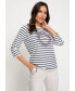 Women's 100% Cotton 3/4 Sleeve Striped and Embellished Placement Print T-Shirt