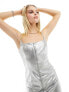 Фото #7 товара Bershka faux leather zip front midi dress in metallic silver