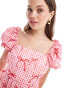 Miss Selfridge poplin tiered mini smock dress in pink gingham bow print Vichykaros in Rosa, Schleife, 36 - фото #4