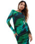 ASOS DESIGN long sleeve mesh midi dress in green smudge print Fingerabdruck, XS - EU 32-34 - фото #2