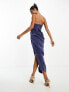 Фото #3 товара ASOS DESIGN satin corset bandeau midi dress with drape detail in indigo