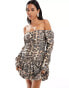 ASOS DESIGN off the shoulder mini ruched bodice dress with puffball skirt in animal print