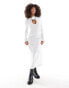 ASOS DESIGN fluffy rib long sleeve keyhole corsage midi dress in white with contrast stitching