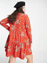Фото #2 товара ASOS DESIGN Curve long sleeve tiered smock mini dress in red floral print