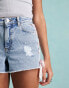 Фото #3 товара Miss Selfridge satin contrast lace up bow detail denim short in mid blue wash