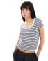 New Look scoop neck t-shirt in black stripe Weiß gemustert, 38 - фото #1