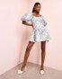 ASOS LUXE jacquard puff sleeve skater mini dress with embroidered trim in blue floral print