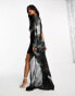 ASOS DESIGN satin draped one shoulder maxi dress with chiffon bias skirt in mono blurred print