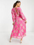 ASOS DESIGN Petite belted batwing maxi tea dress in pink metallic jacquard