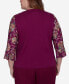 Plus Size Wine Country Women's Embroidered Floral Sleeve Split Neck Top