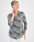 Фото #1 товара Women's 3/4 Sleeve Printed Pleated-Neck Top, Created for Macy's
