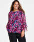 Plus Size Floral-Print Ruffled-Sleeve Blouse Black/Cerise Multi, 1X - фото #1