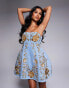 Фото #2 товара ASOS LUXE 3D floral gold embellished denim bandeau mini dress with cage skirt in mid wash blue