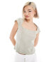 Monki short sleeve square neck top in light khaki washed