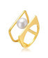 ფოტო #1 პროდუქტის 14k Gold Plated with White Genuine Freshwater Pearl Double Band Geometric Square Stacked Ring.
