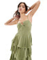 Pretty Lavish gold ring detail tiered maxi dress in moss green Moosgrün, 40 - фото #3