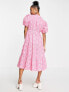 Фото #2 товара Miss Selfridge Petite broderie wrap midi dress in hot pink