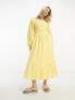 Фото #1 товара Monki long sleeve midi dress with ruffled hem in yellow gingham