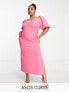 Фото #1 товара ASOS DESIGN Curve puff sleeve midi dress with asym neck line in hot pink