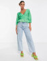 ASOS DESIGN elastic waist blouse with peplum hem & button detail in green