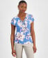Фото #1 товара Petite Floral-Print Lace-Up-Neck Top, Created for Macy's