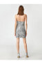 Payetli Mini Gece Elbisesi Straplez Metalik Yırtmaç Detaylı