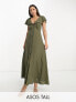 ASOS DESIGN Tall flutter sleeve midi tea dress with buttons in khaki