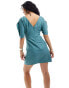 ASOS DESIGN linen-look flutter sleeve mini dress with ruching detail in spearmint