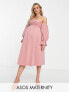 Фото #1 товара ASOS DESIGN Maternity shirred bardot blouson midi dress in soft pink