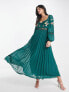 Фото #2 товара ASOS DESIGN embroidered lace insert pleated midi dress with long sleeves in pine green