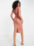 Фото #2 товара ASOS DESIGN high neck shoulder pad twist front midi dress in terracotta