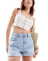 Фото #1 товара Pull&Bear high waisted denim Mom short in light blue