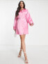 ASOS DESIGN Tall shoulder pad gathered waist mini satin shirt dress in pink