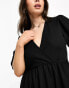 Pieces Petite exclusive textured v neck smock mini dress in black