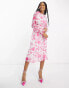 In The Style chiffon side cut out midi dress in white and pink floral