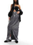 Liquor N Poker maxi legnth denim skirt with split in metallic silver